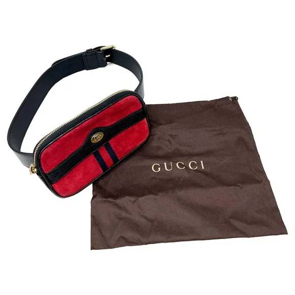 Gucci Ophidia Mini Belt Bag Red Suede Web Stripe GG Logo Fanny Pack - Picture 10 of 12